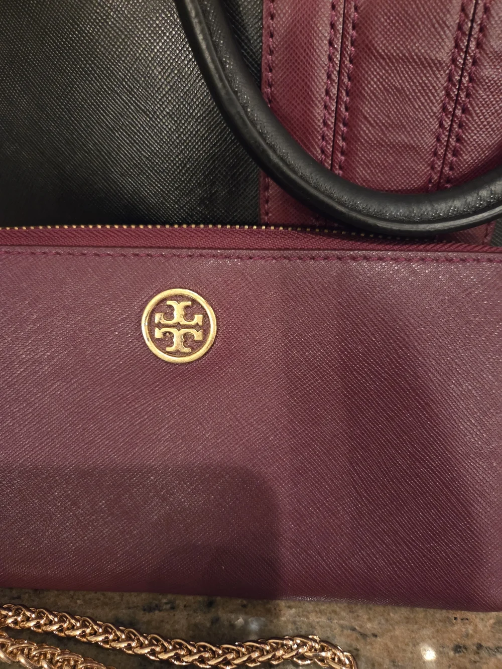 Tory Burch Black & Burgundy Leather Satchel with Matching Wallet